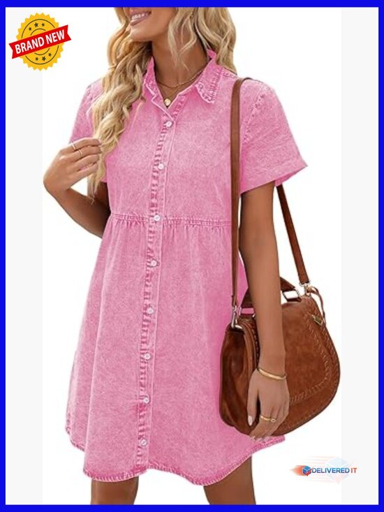 Dresses & Skirts - Short Sleeve Button Down Flowy Tiered Babydoll Denim Dress